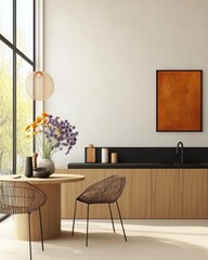 Modern Kitchen Interior Design Featuring Elegant Furniture, Stylish Decor Elements, Vibrant Flower Arrangement, Sunlit