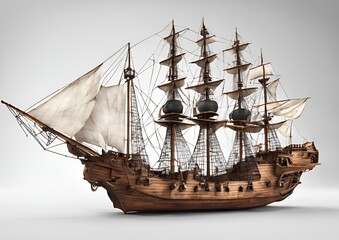 Detailed 3D model of pirate ships with sails maritime adventure on white light background