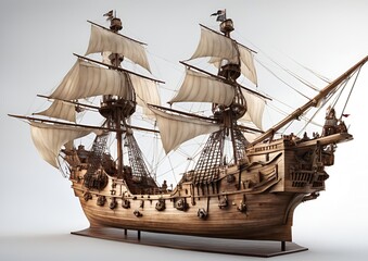 Detailed 3D model of pirate ships with sails maritime adventure on white light background