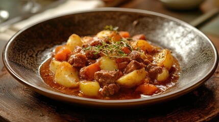 Hearty and Rustic Beef Stew Served in a Ceramic Bowl on Wooden Table