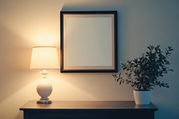Soft light illuminates a cozy corner with a blank frame, lamp, and serene greenery, inviting imagination and tranquility during evening hours