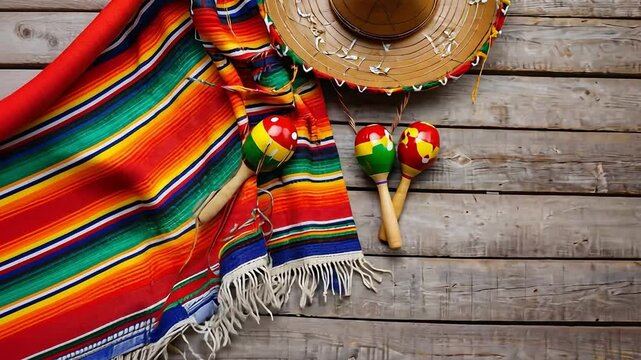 Fiesta Time: Vibrant serape, traditional sombrero, and maracas set the scene for a lively fiesta.  A colorful and festive image perfect for celebrating Hispanic culture and traditions.