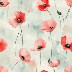 Watercolor Poppy Floral Seamless Pattern