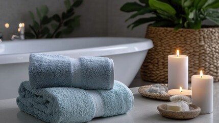 A modern spa-inspired bathroom with a freestanding tub, candles, and soft towels arranged neatly.