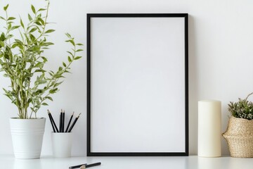 Minimalist workspace with blank frame and greenery inviting creativity and inspiration