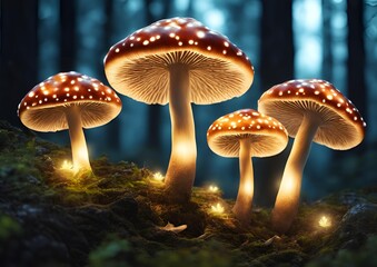 Glowing mushrooms cluster illuminated enchanting magical forest scene on white light background
