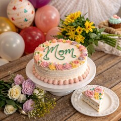 Cake with "Mom" inscription in pastel colors, decorated with flowers, on a wooden background with balloons and a bouquet