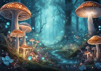Glowing mushrooms cluster illuminated enchanting magical forest scene on white light background