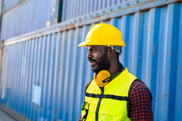 Black man worker with safety helmet working in container shipyard for import export distribution...
