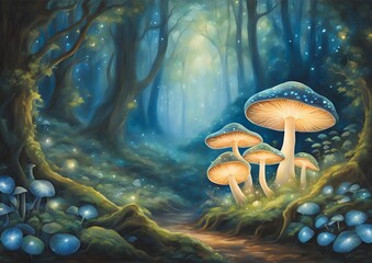 Glowing mushrooms cluster illuminated enchanting magical forest scene on white light background