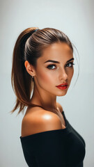 Fototapeta premium AI-Generated Woman Portrait of a young lady with very beautiful eyes and sleek ponytail haircut closeup.