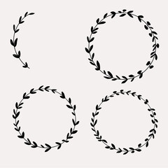 Set of black laurels frames branches. Vintage laurel wreaths collection. Hand drawn vector laurel leaves decorative elements. Leaves, swirls, ornate, award, icon. Vector illustration.	