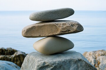 Balanced stone stack by tranquil beach with ocean view
