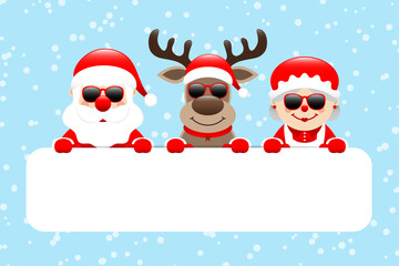 Gutschein Weihnachtsmann Rentier Und Frau Sonnenbrille Schnee Blau