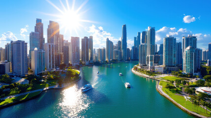 Obraz premium vibrant city skyline with river flowing through, showcasing modern skyscrapers and lush greenery under bright sun. scene evokes sense of tranquility and urban beauty