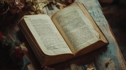 Fototapeta premium Open old vintage book, rustic wooden table. Nostalgic, faded text, forgotten stories, timeless knowledge concept. Beauty of literature, antiquity, historical volume. Wind turns yellowed with age pages