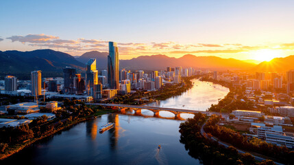 Fototapeta premium stunning city skyline at sunset, featuring river flowing through urban landscape, surrounded by mountains and reflecting warm colors