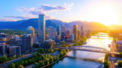 Obraz premium stunning city skyline at sunset, featuring tall buildings and river flowing through landscape, surrounded by mountains and greenery