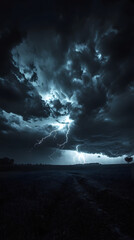 A cinematic shot of the vast grasslands at night, with dark clouds in the sky and lightning striking

