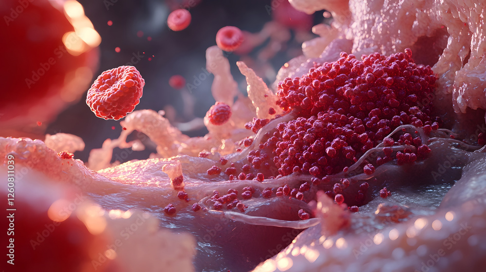 Poster Closeup Micrographic View of Microscopic Red and Pink Cellular Structures Microorganisms or Viral Agents in a Medical Scientific or Laboratory Research Environment