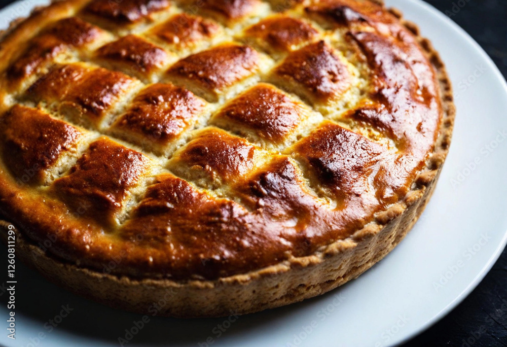 Poster Moody and Elegant: A dramatic shot of a savory pie featuring golden dough balls arranged in a tight circle. Two cut balls reveal their cheesy, meaty interior, with a white plate contrasting sharply ag