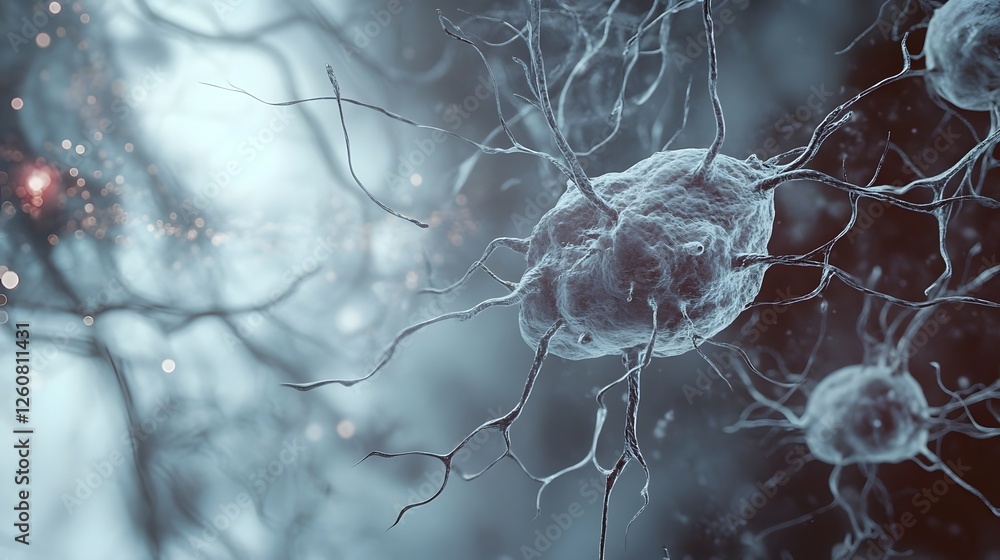 Poster Closeup Microscopic Image Showcasing the Intricate Structure and Interconnected Neurons and Synaptic Connections within a Scientific Research or Medical Laboratory Setting