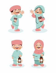 Children on Ramadan Nights Holding Quran and lantern vector