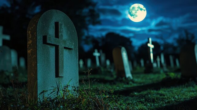 Fear of the Dark Concept, Overgrown Cemetery at Night with Moonlight Casting Eerie Shadows Over Grave Markers