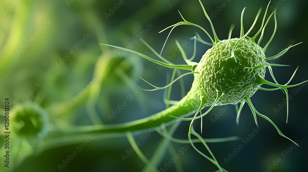 Fototapete Closeup microscopic view of a vibrant green cell or microorganism displaying intricate neural like structures and details providing a fascinating glimpse into the microscopic world of biology science
