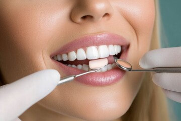 Fototapeta premium Female caucasian adult receiving dental veneer examination with mirror and tool