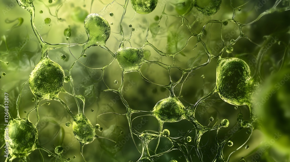 Aufkleber closeup microscopic view of a vibrant green organic cellular structures and microorganisms in a scie