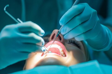 Close-up of female dental exam with metal instruments at dental clinic