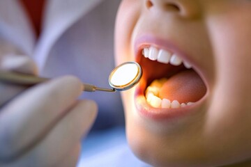 Young asian child receiving dental checkup with mirror reflecting healthy teeth