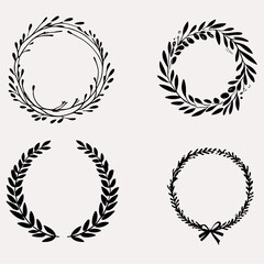 Set of black laurels frames branches. Vintage laurel wreaths collection. Hand drawn vector laurel leaves decorative elements. Leaves, swirls, ornate, award, icon. Vector illustration.	