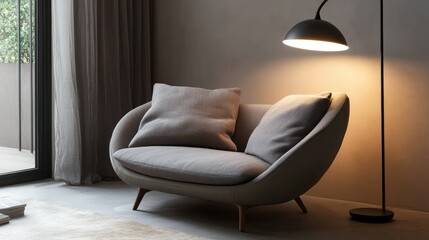A small yet stylish loveseat with soft cushions, placed in a minimalist reading corner with a floor lamp beside it.