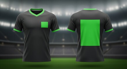 Presenting a Dark Football Jersey Design with Green Accents and Branding
