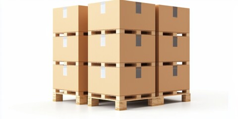 Delivery Boxes Packed and service. Stacked cardboard boxes on a wooden pallet in a warehouse setting.
