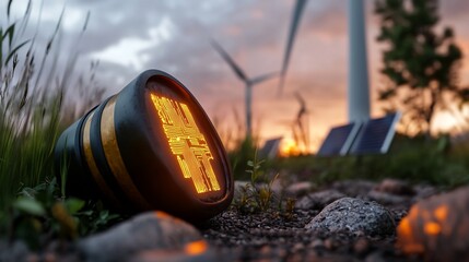 Fototapeta premium Futuristic Energy: A Glowing Capsule Amidst Wind Turbines and Solar Panels at Sunset