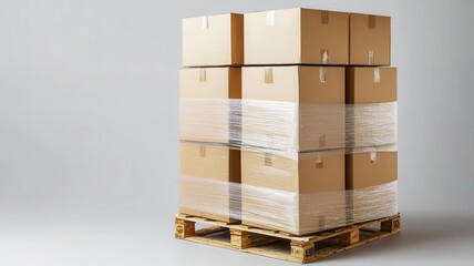 Delivery Boxes Packed and service. Stacked cardboard boxes on a pallet, wrapped in plastic for shipping.