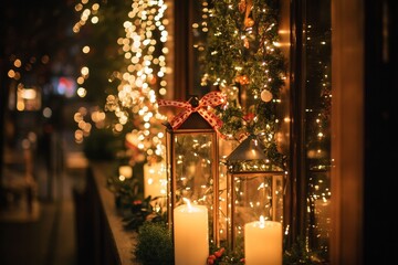 Festive holiday window display with lanterns and candles illuminated by twinkling lights