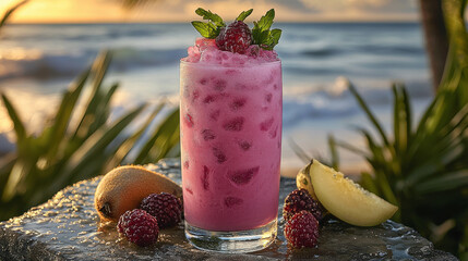 refreshing cocktail with vibrant colors, garnished with mint and berries, set against beautiful beach backdrop. Perfect for summer relaxation