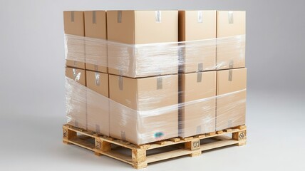 Delivery Boxes Packed and service. Stacked cardboard boxes on a wooden pallet wrapped in plastic film.