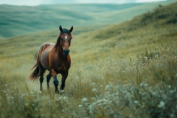 Majestic brown horse grazing in verdant meadow with rolling hills
