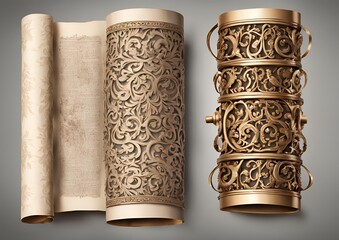 Ornate ancient scrolls with intricate designs vintage and historical on white light background