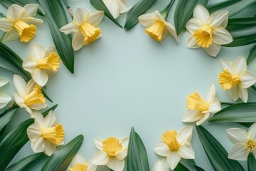 Vibrant daffodils arranged beautifully around a serene pastel background celebrating the arrival of spring in full bloom