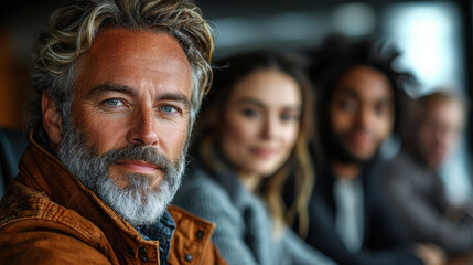 Obraz premium senior executive in boardroom, confidently engaging with colleagues. atmosphere is professional and focused, showcasing teamwork and leadership