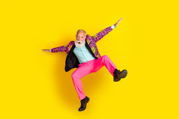 Full length photo of attractive retired man jump falling flight dressed stylish colorful pink fancy...