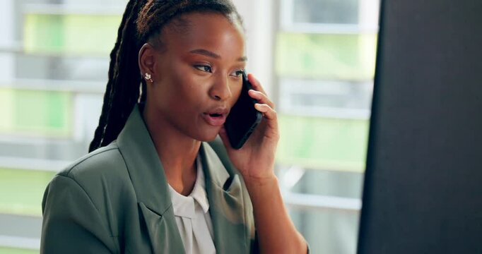 Computer, black woman and phone call in office for discussion, article information and interview source. Smile, female journalist and research with mobile for business news, story questions or answer