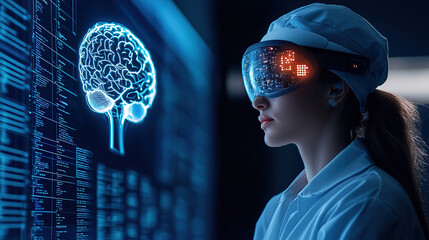 Scientist Using Augmented Reality for AI-Powered Brain Research in a Futuristic Laboratory