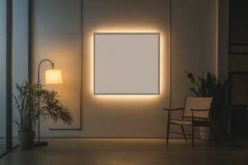 Warmly lit interior showcasing an empty canvas frame in a modern lounge with plant and lamp in the evening glow